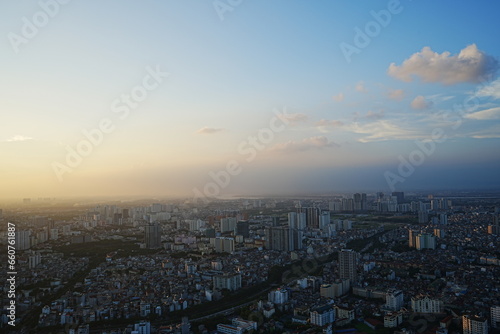 Aerial View of Hanoi City from Top of Hanoi  Rooftop Bar  at Lotte Hotel Hanoi in Vietnam -                              