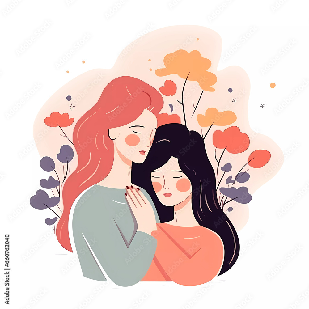 Women friend hug each other to support depression and anxiety.Mental health concept. Flat vector illustration. Women friend hug each other to support depression and anxiety.Mental health concept. Flat vector illustration.
