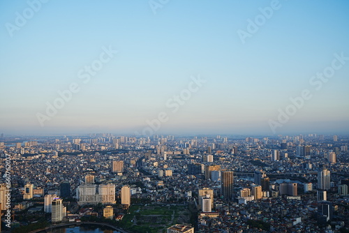 Aerial View of Hanoi City from Top of Hanoi  Rooftop Bar  at Lotte Hotel Hanoi in Vietnam -                              