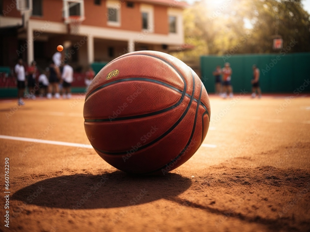 Close up of a isolated Basketball ball on the outdoor court or playground and blur players in the background on a sunny day Close up of a isolated Basketball ball on the outdoor court or playground and blur players in the background on a sunny day