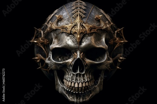 a vampire skull made of metal on a dark background. Generative AI