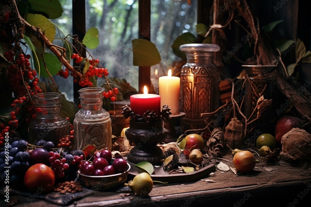 Candle, leaves, fruits, berries, nuts in mystical woodland wiccan shrine for mabon equinox holiday, witchcraft ritual, spiritual, anime style. Generative AI