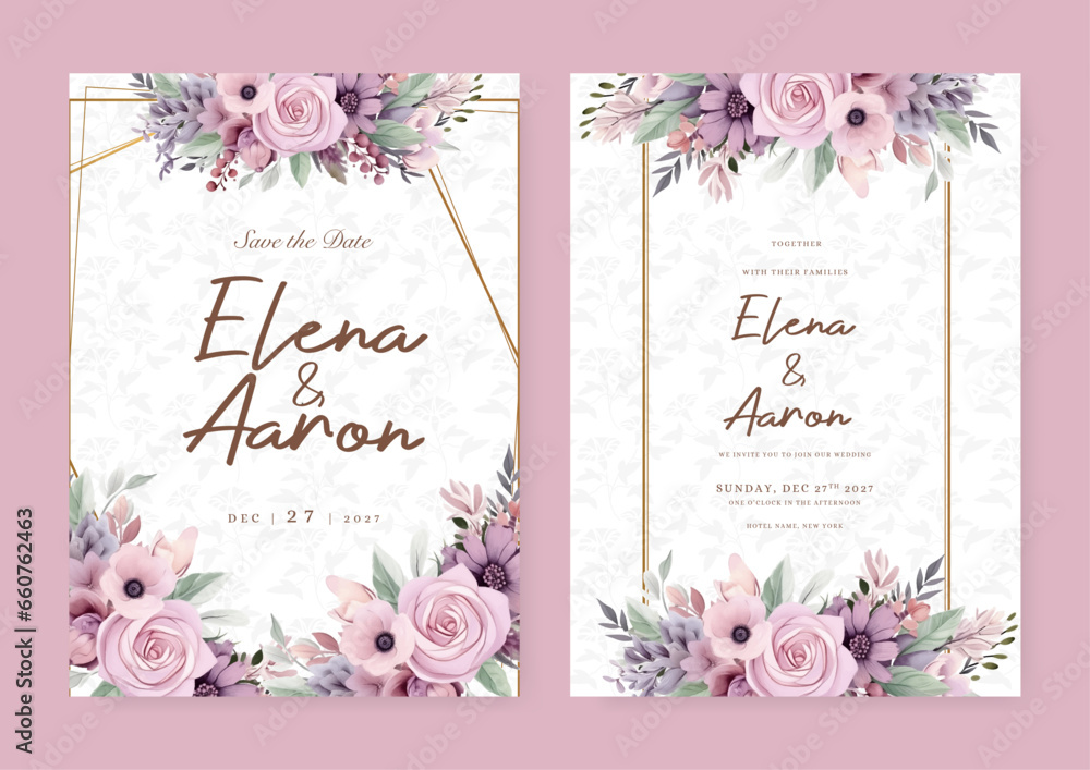 COLOR vector wedding invitation card set template with flowers and leaves watercolor