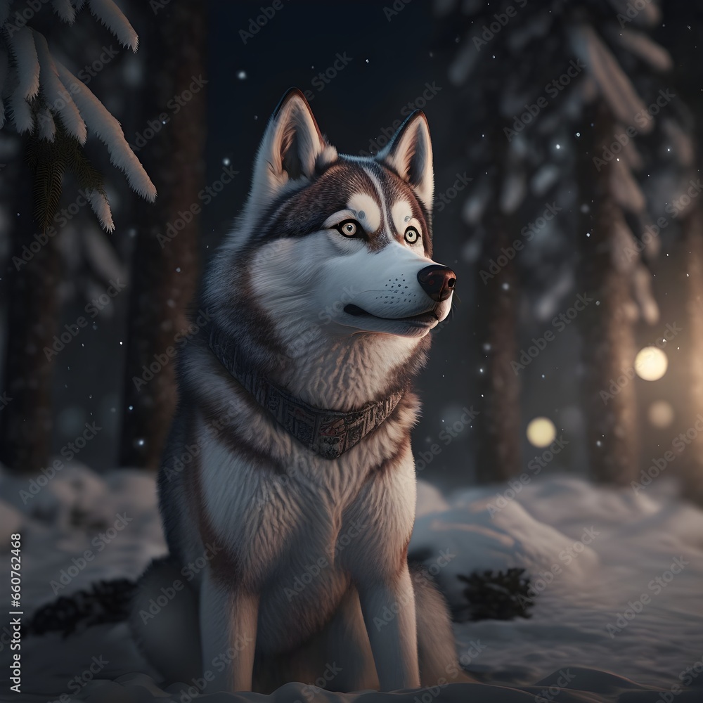 Dynamic exciting highly detailed action illustration of a cute friendly husky sitting in the snow in a frozen forest at night blue eyes moonlight fog blizzardDark fantasyDynamic pose DD DnD 