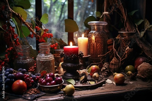 Candle, leaves, fruits, berries, nuts in mystical woodland wiccan shrine for mabon equinox holiday, witchcraft ritual, spiritual, anime style. Generative AI photo