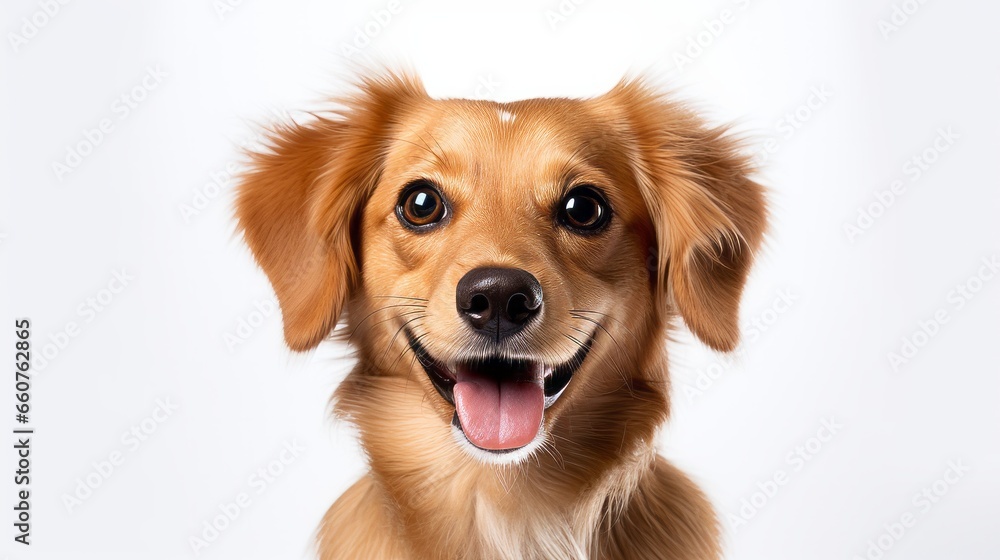 Photo of a happy dog sitting in front of a studio backdrop created with Generative AI technology