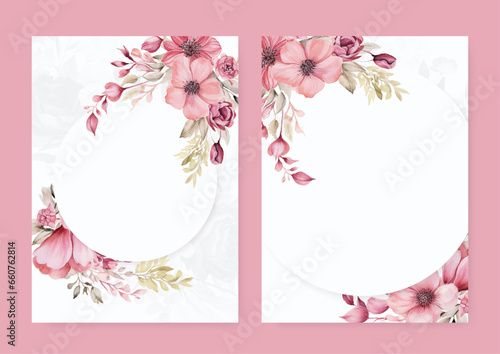 Pink poppy luxury wedding invitation with golden line art flower and botanical leaves, shapes, watercolor