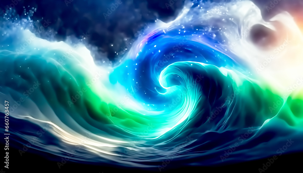 青い波と水しぶきが渦巻く抽象的な背景