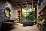 modern bathroom with wooden ceiling