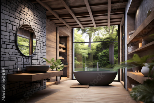 modern bathroom with wooden ceiling © ginstudio