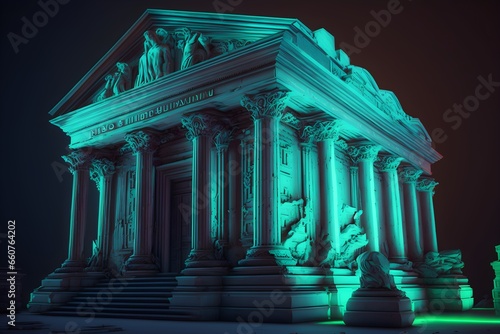 Large Bank with GrecoRoman architecture pantheon architecture similar to the NYC public library anamorphic inspired by Salvador Dal melting dripping bioluminescent liquid very drippy random leaking  photo