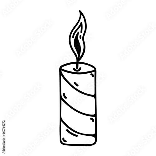 Burning wax candle vector icon. Striped thin candle for a church wedding ceremony, marriage, holiday. Hand drawn doodle, black outline isolated on white. Clipart for print, posters, cards
