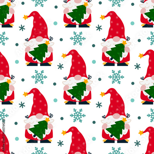 Cute gnome with a Christmas tree seamless vector pattern. Santa Claus helper in a stocking cap with a star, red suit. New year elf with snowflakes. Flat cartoon background for print, cards, posters