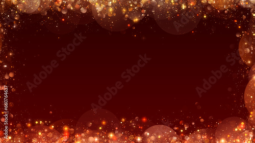 Christmas frame with gold particles and snowflakes on red background with copy space.