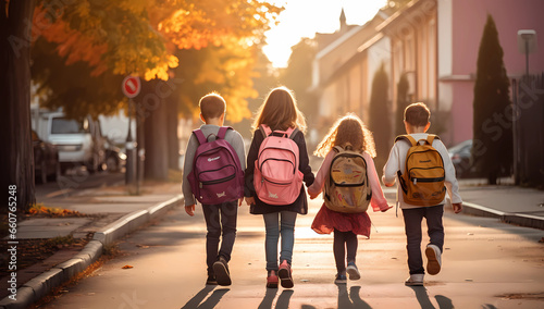 kids with backpacks walk along a street