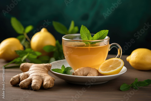 Cup of ginger tea with lemon, honey and mint