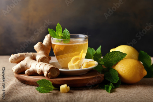Cup of ginger tea with lemon, honey and mint