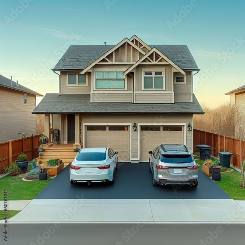 Beige two story residential home with two cars parked on the blacktop asphalt driveway photo