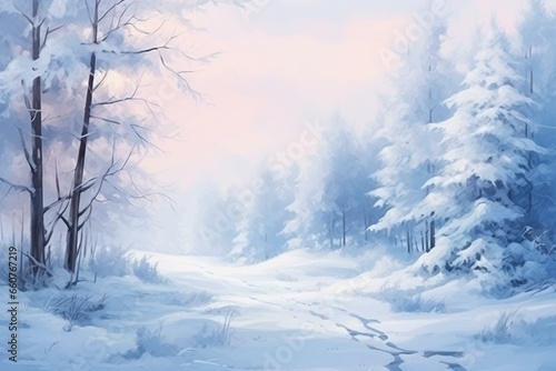 Winter landscape with snow covered trees and pale fog. Serene woodland banner. Generative AI