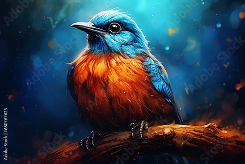 A digital artwork depicting a vibrant blue bird featuring striking bright orange eyes. Generative AI © Edward