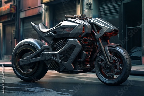 Futuristic motorbike in a dystopian city street. Generative AI