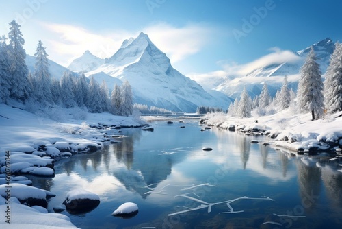 Relaxing snowy winter landscape with a tranquil mountain lake as a serene desktop wallpaper. Generative AI