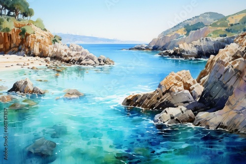 Scenic watercolor artwork: beautiful rocky coast by the clear sea. Generative AI