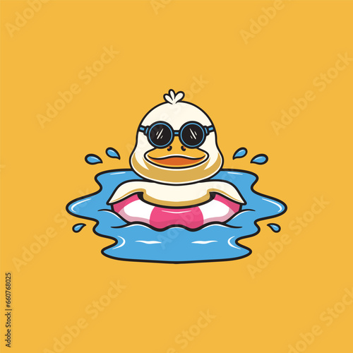 Cute duck vacation on a beach cartoon illustration