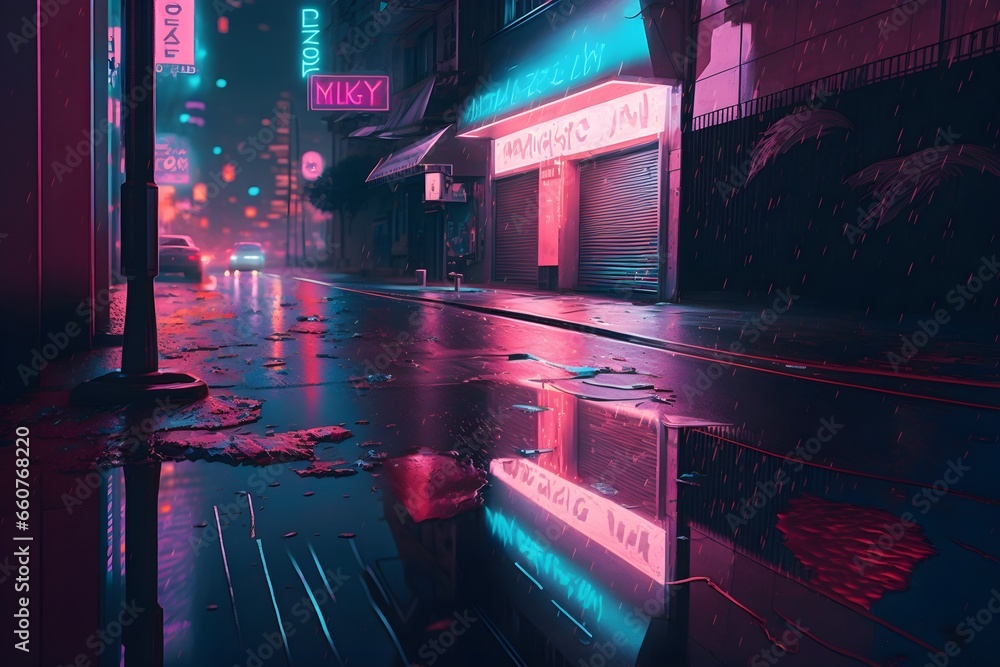 cyberpunk city nighttime neon signs pink and blue lights puddles on the ground with reflections 