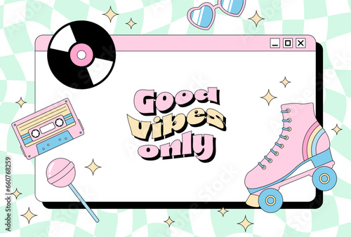 90s or Y2K style vector background with cute icons for banners, cards, flyers, social media wallpapers, etc.