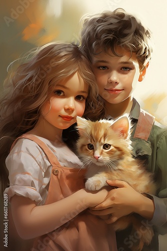 Two children, a boy and a girl, holding a ginger cat