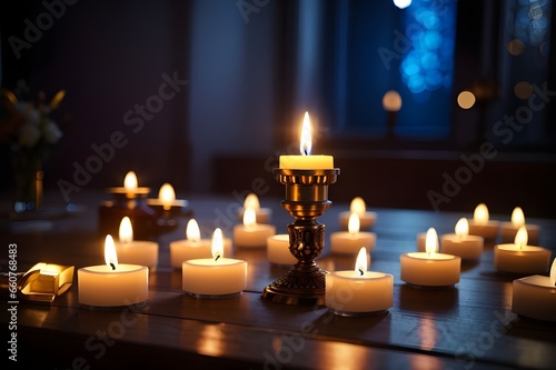 All Saints Day a Christian Holy Day. candle light glowing on table, praying, religion concept.