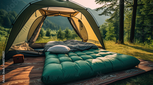 camping inflatable mattress with a pillow inside a tent photo