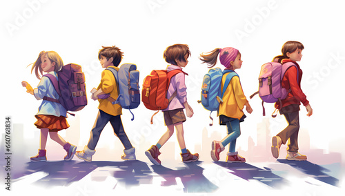 children carrying backpacks walking down the street