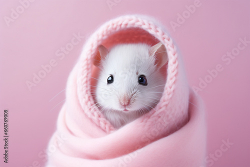 mouse wearing a scarf on a solid, light background