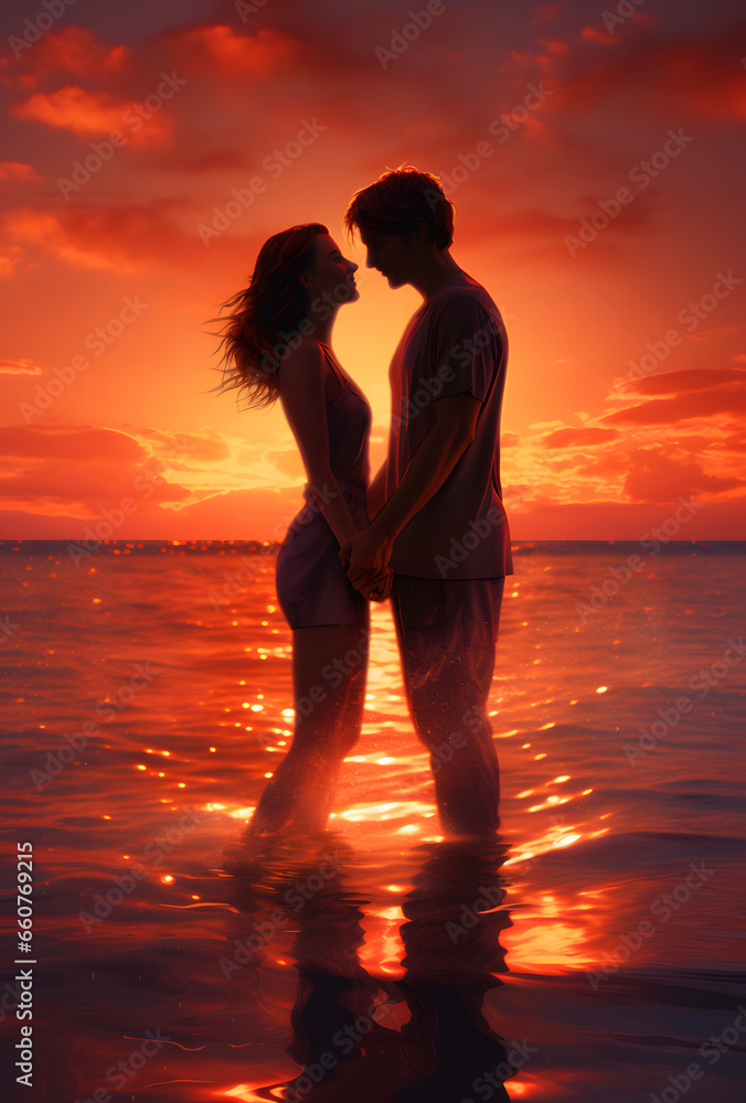 Silhouette of lovers kissing in the sea at sunset.