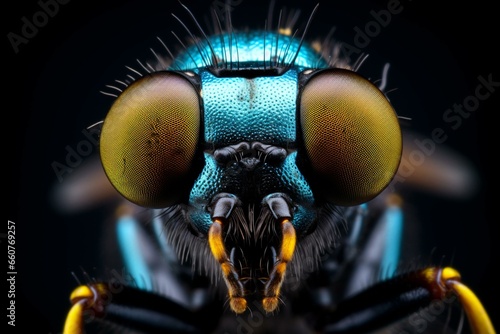 Close-up blue fly insect with long antennae, large eyes, black background, and yellow border. Generative AI © Astraea