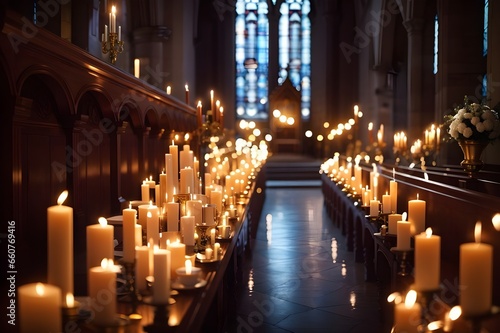Many burning candles with shallow depth of field. Beautiful photo of candles in a church lit for the feeling. 