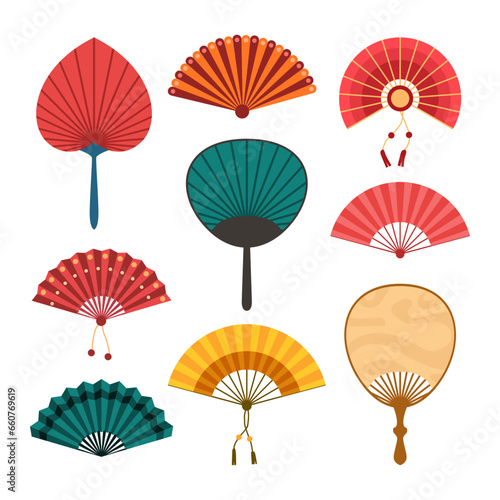 Set of Asian Hand Fan Isolated Element Objects. Chinese Folding Paper. Flat Style Icon Vector Illustration