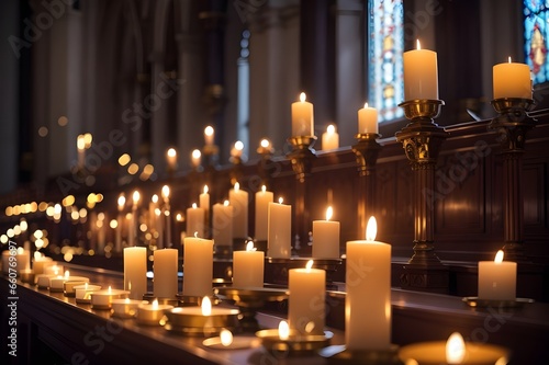 Beautiful photo of candles in a church lit for the feeling. candle light glowing on table. 