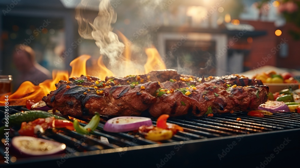 sizzling barbecue grill with meat or vegetables, showcasing the art of outdoor cooking and BBQ culture