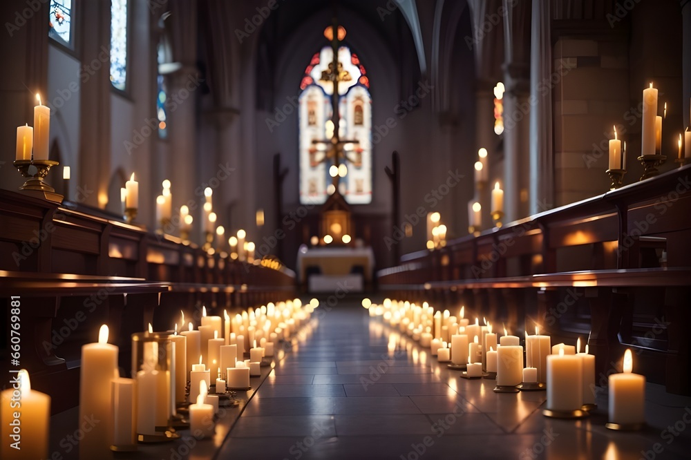 Beautiful photo of candles in a church lit for the feeling.