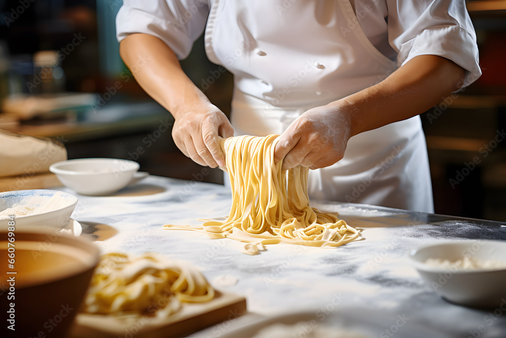 The chef is making noodle dough