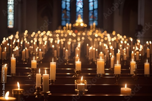 Beautiful photo of candles in a church lit for the feeling. Christian Holy Day.