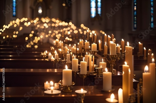 Beautiful photo of candles in a church lit for the feeling. candle light glowing on table, praying, religion concept.