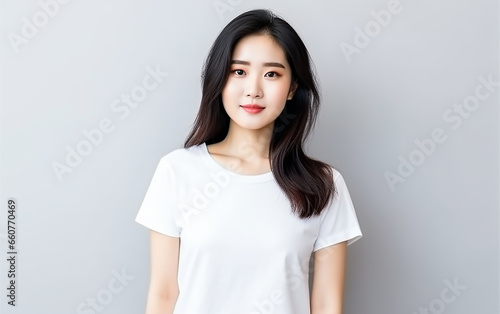 Portrait of young beautiful asian woman cheerfuly smiling looking at camera. Girl with black hair isolated on white background