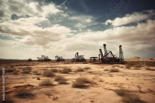 Barren oilfield. Lifeless. Generative AI photo