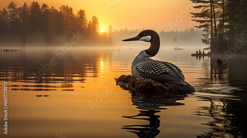 Common loon at sunrise in Maine photo
