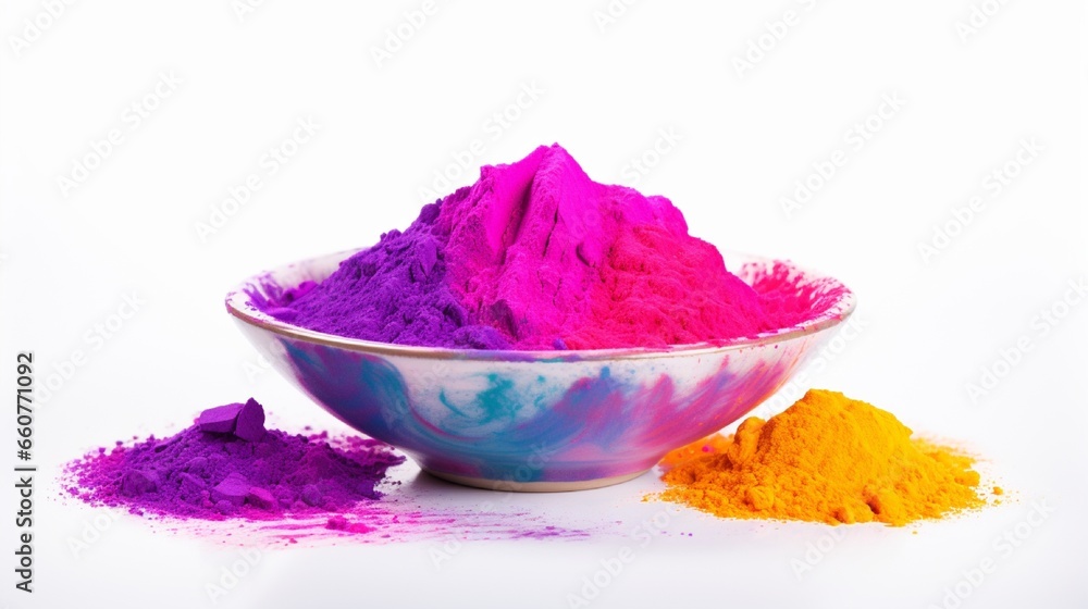 Happy Holi festival gulal with holi powder decoration on a white background. Happy Holi festival gulal with holi powder decoration on a white background.