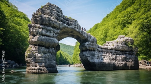 Impressive rock formation in the Ain river at Pont de Poitte village , Jura in France photo